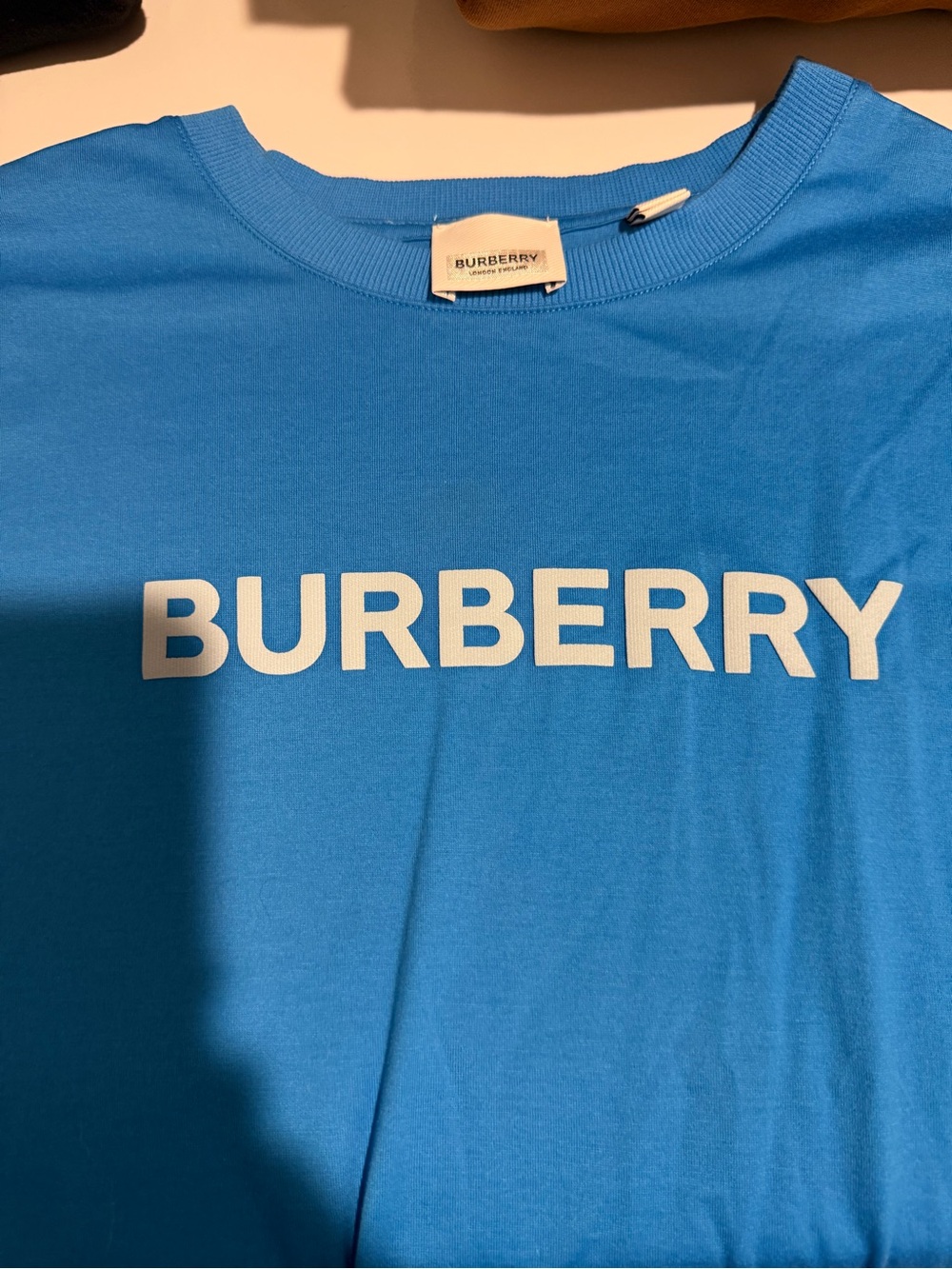 Burberry Blue Short Sleeve Logo T-Shirt with White Print
